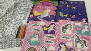 Unicorn Dreams Happy Tin Gift Set for Kids with Activity Book 50 Glittery Stickers Sparkly Pencils and Poster