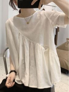 Áo Sơ Mi Vải Lanh Cotton Tay Ngắn Dáng Rộng Cỡ Lớn Cho Nữ Họa Tiết Xếp Ly Không Đều Phong Cách Đơn Giản Cổ Tròn Dài Thường