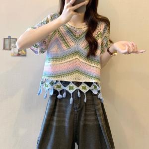 เสื้อไหมน้ำแข็งถักแขนสั้นผู้หญิงสไตล์โบฮีเมียน ดีไซน์เย็บปักลาย ดีไซน์รูปทรง แขนสั้น คอตั้ง กระดุม แขนสั้น