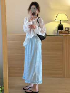 Korean Style Retro Fashion Simple Match Lazy Style Wooden Edge Pure Color Slim A-Line Midi Skirt Long Skirt Womens Dress