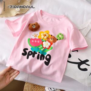 JIFANPAUL | Áo Thun Tay Ngắn Mùa Hè Cho Bé Gái Có Thiết Kế Hoa 3D Và Kim Cương