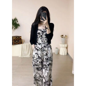 Fashionable Slim Fit Bandeau Onesie Thin Cardigan Two Piece Set High Waist Wide Leg Pants Ensemble Summer 2025 High End Sensation