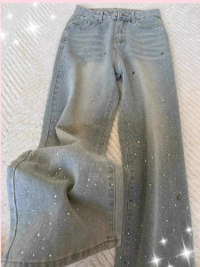 Spring Autumn Women Light-colored Stars Rhinestone Shiny Slim Wide-leg Baggy Jeans Fashion Joker Straight Pants Female Clothing