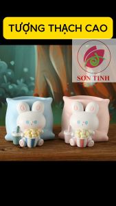 Tượng tô màu TƯỢNG THỎ NẰM GỐI LÀM HỘC ĐỰNG BÚT thạch cao trắng (Không kèm màu) luyện vẽ decor