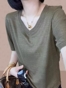 Summer Thin Woolen Knitted Short Sleeve T-Shirt V-Neck Breathable Womens Top Euro Style Loose Fit Comfortable Commute Fashion