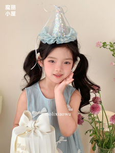Large Birthday Hat Headwear Blue Silk Ribbon Butterfly Knot Baby Girl Photo Prop Hair Clip Princess Style Childrens Accessories