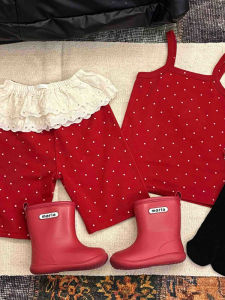 Summer Outfit for Girls Dopaamine Style Polka Dot Crop Top And Shorts Two Piece Set Childrens Red Strap Vest Cotton Casual Wear