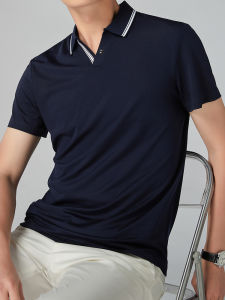 Three-Resistant Polo Shirt Mens Short-Sleeve V-Neck Collar Trendy American Style 2025 New High-End Feel Standard Fit Fashion Urban Polyester Cotton Blend Ice Oxygen Cotton Antibacterial