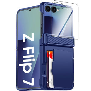 For Z Flip 7 Casewith Card HolderRFID BlockingHD ProtectorRugged Anti-Scratch Full Shockproof Phone Case-Red