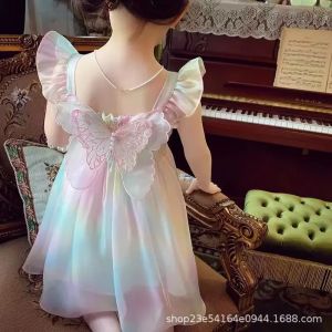 Summer Girls 1-8 Years Floral Roses Princess Dress Lace Tiered Bow Back Pearl Accented Knee-Length Party Birthday Celebration