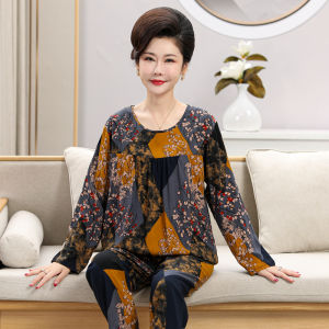 ชุดนอนคุณแม่ผ้าป๊อปปลิ้นแขนยาวสำหรับผู้หญิงวัยกลางคนชุดอยู่บ้านไซส์ใหญ่คอกลมคอตตอนฤดูหนาวฤดูใบไม้ผลิและฤดูใบไม้ร่วงสำหรับผู้หญิง