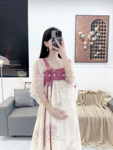 ชุดเดรสยาวคลุมเข่าสไตล์จีนสำหรับผู้หญิงตั้งครรภ์ ทรงหลวม แฟชั่นฤดูร้อน ชุดนางฟ้า คอวี แขนกุด กระโปรงทรงเอ