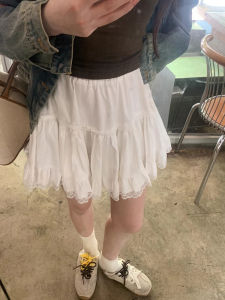 High Waist A-Line Mini Skirt Womens Early Autumn Korean Style Pleated Lace Trim Slimming Short Skirt Commute Friendly