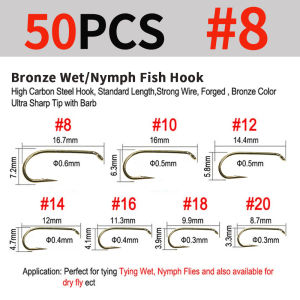 50pcs #8 - #20 2X Long High Carbon Steel Barbed Fishing Fly Hook Dry Wet Fly Nymphs Scuds Caddis Streamer Fly Tying Hook