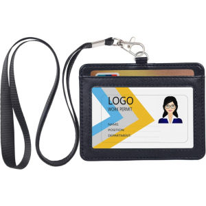 Badge Holder with Lanyard Leather ID Name Badge Card Holder with Lanyard for ID Badges Horizontal Black