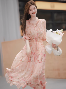 Summer Tea Break French Beautiful Pink Floral Print Long Skirt Gentle Fairylike Gauze Dress High Waist round Neck Short Sleeve