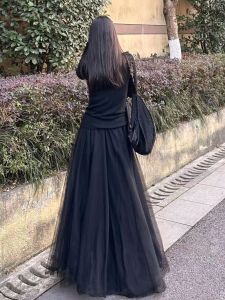 Black A-Line Skirt Midi High Waist Gauze Womens Summer New Style Slimming Drapey Half Body Fairy Skirt Polyester Fabric