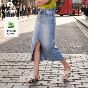 Navigare | High Waist A-line Side Slit Denim Skirt