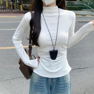 Sweet And Spicy Girl Basic Long Sleeve Fleece Lined Waist Cinched Brushed T Shirt Half High Collar Womens Versatile Top Ins Style