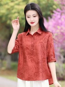 Fashionable Mid-Sleeve Shirt Ethnic Style Casual Loose Fit Polyester Fiber Printed Polo Collar Regular Length Mom Clothes