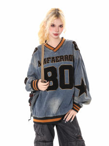 Boeax Trendy American Retro High Street Washed Distressed Jersey Style Denim Outwear Stylish Popular V-neck Sweatshirt