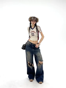 FASHLOVER American Style Frayed Jeans Women Raw Edge High Waist Straight Leg Jeans Wide Leg Pants Loose