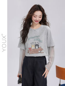 YOUXIANG | Áo thun phối ren in hình mèo dành cho nữ
