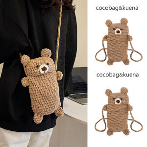 Fall Winter Knitted Bear Mobile Phone Bag Womens Fashionable Crossbody Mini Bag Soft Plush Material Cartoon Style Single Shoulder