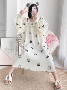 plus Size Pure Cotton Double Layer Sleep Dress Long Sleeve French Style Loose Maternity Nightgown for Heavy Women up to 200 Pounds