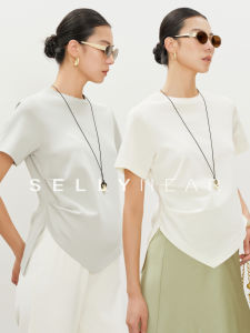 SELLYNEAR | Elegant Fashion Short Sleeve T-Shirt with Crew Neck and Asymmetric Gathering