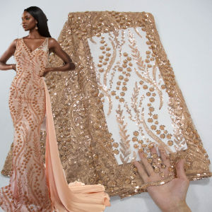 Sang Trọng Pháp Đính Hạt Kim Sa Lấp Lánh Phối Ren 5 Thước Chất Lượng Cao Châu Phi Nigeria Áo Cưới Voan Nữ A3803