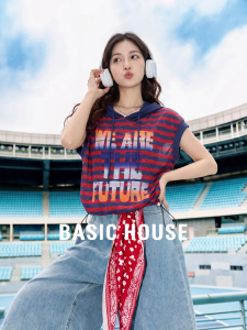 Basic House | Red Striped Print Hooded Short Sleeve T-Shirt
