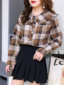 Spring Autumn Plaid Shirt Women Loose Long Sleeve Doll Collar Outerwear Fashionable Student Cotton Button up Korean Style