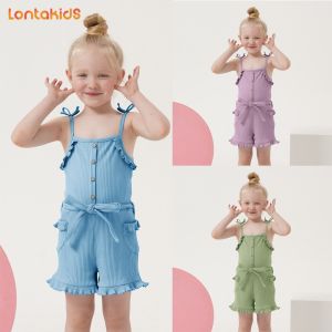 lontakids Baby Girl Clothes Summer Sleeveless Toddler Ruffle Knit Ribbed Suspender Romper Outfits Clothing Set for Girls 12M-5Y