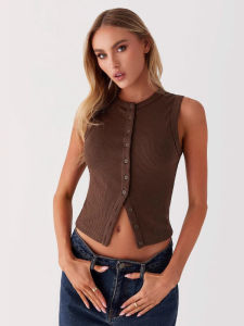 Slim Fit Short Sleeveless Vest Button up Cardigan Style Womens Fashion Top Spring Season Regular Length Single Button Closure