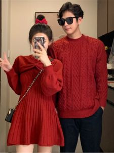 Red Christmas Couple Matching Knitted Dress High Waist Cotton Long Sleeve French Style Womens Fashionable Sweater Dress
