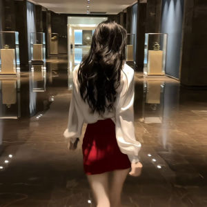 Elegant Satin Two-Piece Set Red Bodycon Mini Skirt Shirt Style V-Neck Long Sleeve Comfortable Fit Autumn Fashion for Women