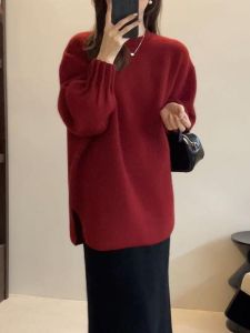 Christmas Red Lantern Sleeve Sweater Womens Winter Lazy Style Overhead Mid-Length Knitted Shirt Commute Loose Fit Warmth Heating