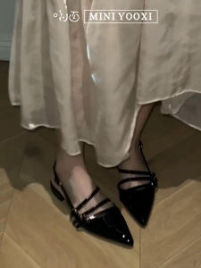 Elegant French Pointed Toe Strappy Low Heel Black Leather Sandals Womens Commuter Slip-On Fashionable Flat Buckle Closure