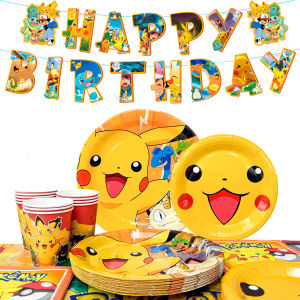 Potdemiel | 114 Pcs Pokemon Party Supplies-Pikachu Banner Plates Napkins Etc Pokemon Party Tableware for Pokemon Birthday Party Decorations