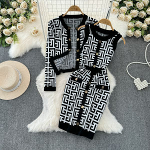 Spring Autumn Womens Knitted Dress Set with Golden Button Maze Design Long Sleeve round Neck Two-Piece Ensemble Fashionable