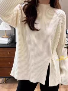 Plus Size Women's Stylish Sneaky Design Split Half-Collar Sunken Stripe Knitwear Autumn and Winter Loose Base Long Sleeve Shirt