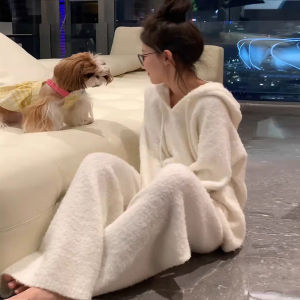 Internet Hot Lazy Style Beibei Velvet Pajamas Womens Autumn and Winter Fleece-lined Thick Coral Fleece Heattech Hooded Tracksuit Suit