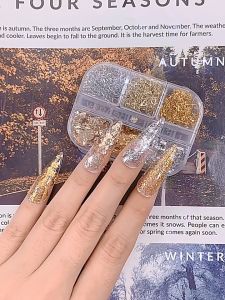 6 Sekat / Kotak Stiker Foil Glitter Sequin Asimetris Emas dan Perak Warna Dekorasi Nail Art DIY