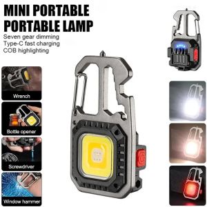 Mini LED Keychain Flashlight Outdoor Portable Camping COB Work Light Emergency Lighting With Window Hammer Bottle Opener Lamp