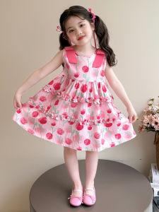 Sweet Princess Dress for Girls Summer New Style Childrens Fashion High Waist Cotton Gown with Floral Print Cool Sensation Wear