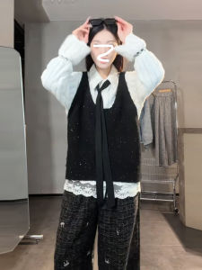 Shiny Thin Sweater Vest Women Winter Large Size Loose Slim Sleeveless Tank Top V-neck Commute Style Regular Length No Button