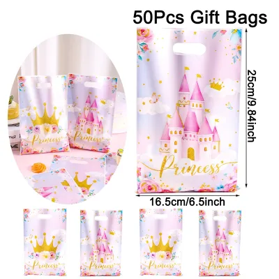 10/20/50pcs Princess Theme Gift Bags Plastic Castle Crown Tote Bags Pink Candy Bags Birthday Party Shower Wedding Decoration