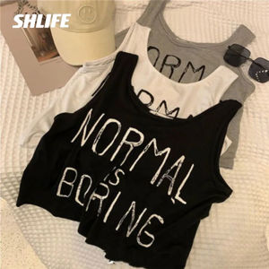 SHLIFE Short Camisole Vest Plus Size Sleeveless Crop Top Sports Yoga Lettered T-shirt Underneath