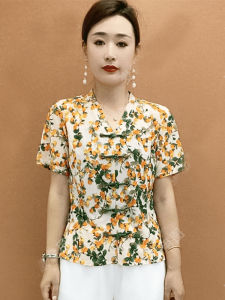 หลวม เสื้อยืดแขนสั้นสําหรับ วัยกลางคนและผู้สูงอายุ ผู้หญิง ฤดูร้อน ลายเพชร คอวี เสื้อท่อนบน ชุดทํางานสไตล์ K สไตล์คลาสสิก